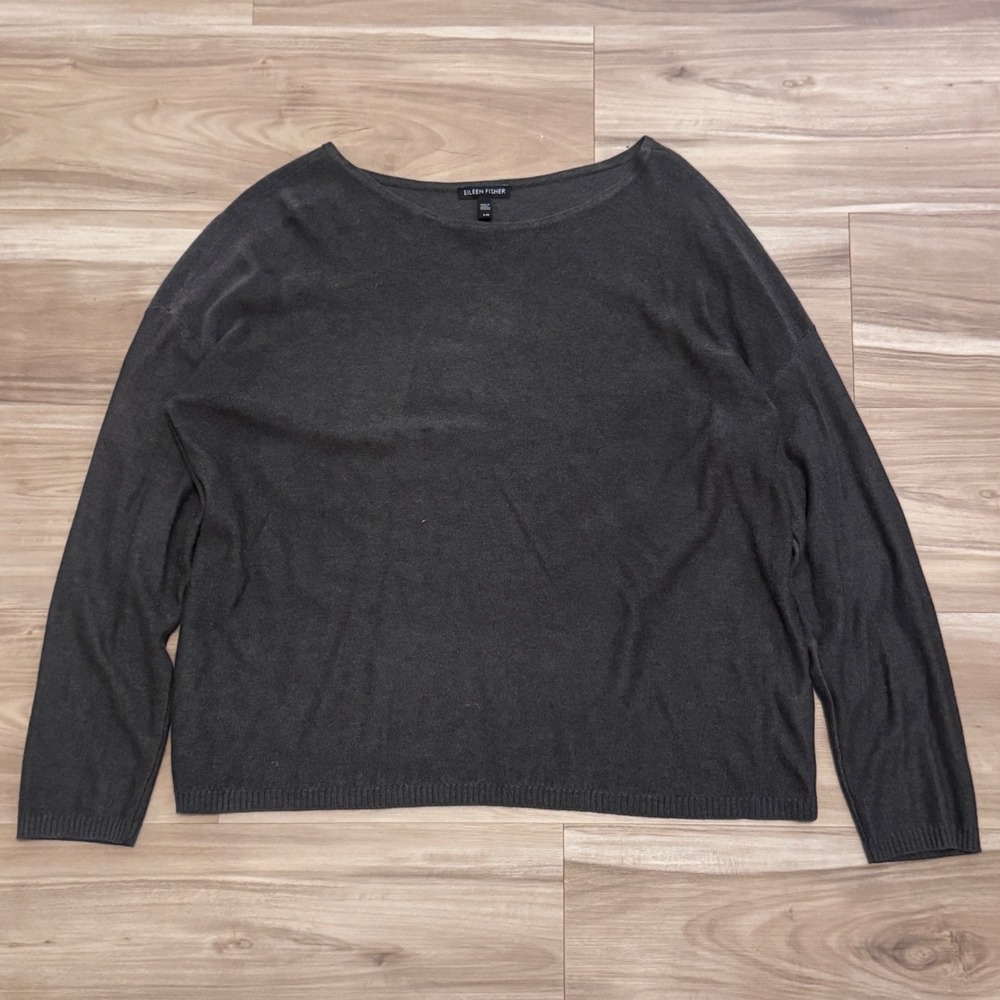 Eileen Fisher Charcoal Gray Long Sleeve Knit Sweater Top L G Relaxed Fit‎ x1